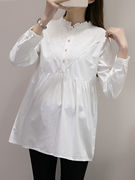 孕妇衬衣春秋长袖中长款立领上衣新韩版宽松时尚白色职业打底衬衫