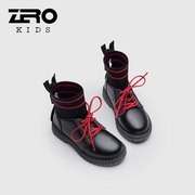 Zero零度童鞋冬季加绒皮鞋男女中童针织短靴英伦风袜子靴