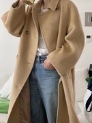 韩国mone中长款毛呢驼色大衣23年复古高级感双面羊绒外套