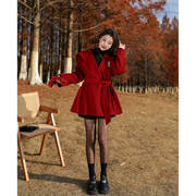 新年战衣红色羊毛大衣女2024冬季系带收腰小个子气质双面毛呢外套