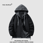 fogmurua外套男春秋季潮流假两件连帽冲锋衣户外防水设计感夹克
