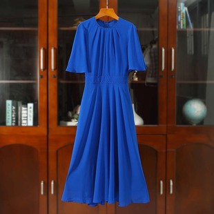 原厂英伦风2024夏荷叶(夏荷叶)短袖大摆宝蓝色连衣裙显瘦中长款f2600