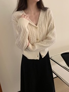 100%全羊毛f011韩系甜美设计感翻领长袖，针织开衫气质减龄菱格外套