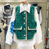 法式设计感花朵拼接长袖白衬衫小香风包边绿色格子马甲女两件套装