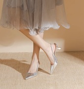 仙女风银色尖头凉鞋女夏季配裙子设计感小众气质高跟鞋细跟