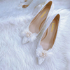法式细跟婚鞋女2023年珍珠花朵蕾丝新娘鞋白色主婚纱鞋尖头高跟鞋