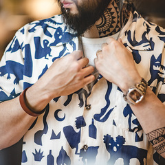 马登工装美式复古印第安图腾花衬衫男古巴领涂鸦短袖沙滩衬衣夏季