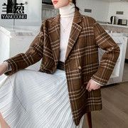 双面羊毛大衣女短款小个子，2023秋冬季双排扣格子，西装毛呢外套