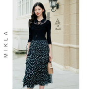 mikla天然曲珠领钉珠，翻纱梭毛拼x版型，花色蛋糕裙连衣裙bb3cl6007