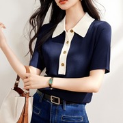 藏蓝色韩版气质Polo领短袖针织衫女夏季韩版拼色修身百搭通勤上衣
