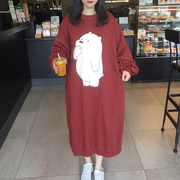 2023秋季韩国东大门大码女装卡通小熊蝙蝠袖中长款套头卫衣裙棉