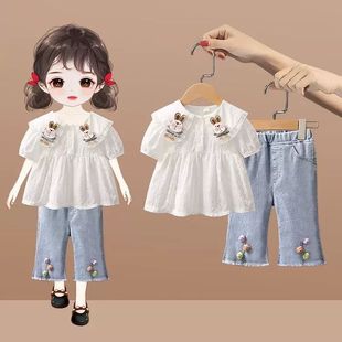 女童夏装套装2023韩版童装洋气牛仔裤宝宝时髦长袖T恤两件套