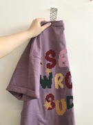 日系复古印花纯棉紫色短袖，t恤女夏季设计感小众宽松chic港味上衣