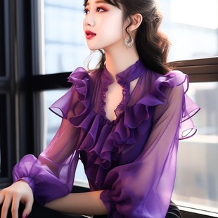 新中式透视紫色独特洋气时髦荷叶，边灯笼袖，雪纺衬衫上衣女防晒衣