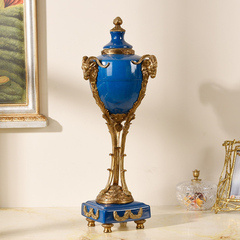 定制欧式创意铜羊头工艺品装饰美式蓝色陶瓷客厅玄关别墅书房软装