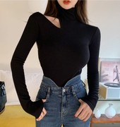 韩国vanillasecond单肩挖洞露肩，半高领t恤性感，修身内搭上衣女