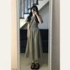 豆绿色连衣裙女夏季赫本风高级感法式泡泡袖收腰显瘦a字长裙