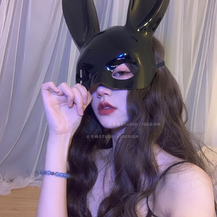 性感兔耳朵女郎头饰蕾丝面罩，半脸黑色面纱面具发箍眼罩套装拍照