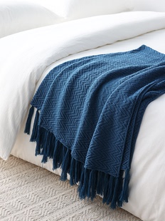 北欧风针织毛毯沙发，装饰盖毯午睡休闲毯海军蓝样板房搭巾