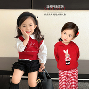 陈大猪女宝宝套装，秋季2023小童时髦马甲短裤，两件套婴儿套装