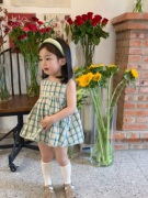 幼宜baby女童夏季娃娃衫，套装小清新绿色，格子背心裙面包裤套装