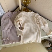 韩国进口婴幼童装木耳边泡泡袖T恤秋女童针织打底衫公主上衣