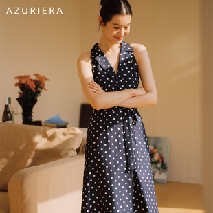 azuriera法式复古波点深蓝色连衣裙，深v西装，领简约经典亲肤