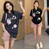 韩版大花朵字母印花t恤女夏季时尚，洋气减龄宽松休闲短袖上衣