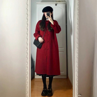 高级感红色呢子大衣2023秋冬装韩系赫本风小个子，毛呢外套女中长款
