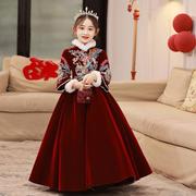 女童礼服红色公主裙冬季保暖高端轻奢毛绒领主持人花童钢琴演出服