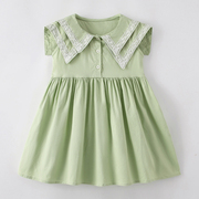 女童蕾丝绿色短袖连衣裙宝宝，纯棉夏装小儿童，休闲大翻领裙子沙滩裙