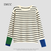 imcc设计感小众撞色拼袖黑白条纹，针织衫毛衣女(毛，衣女)简约宽松长袖上衣
