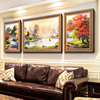 欧式纯手绘美式沙发，背景墙装饰画客厅，山水风景油画三联挂画聚宝盆