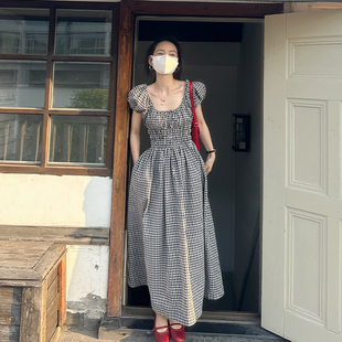 金苏一格子收腰连衣裙女2023夏季韩版小众肌理感气质长裙chic裙子
