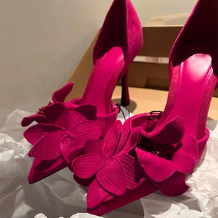 玫红色花朵装饰高跟鞋女2023年春季性感百搭法式细跟尖头单鞋
