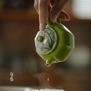 无落瓷器苹果绿色釉下彩纯手绘兰花八方茶壶过滤球孔功夫茶泡茶壶