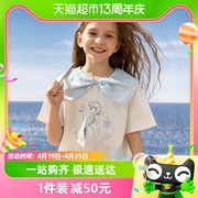 迪士尼女童艾莎短袖t恤2024夏儿童(夏儿童，)蝴蝶结洋气半袖上衣童装潮