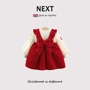 英国next婴儿背带连衣裙套装，秋冬红色加绒加厚女宝宝公主周岁礼服