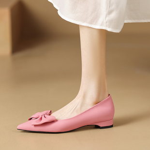 法式优雅尖头蝴蝶结单鞋女浅口气质平底女鞋低跟真皮粉色软底瓢鞋