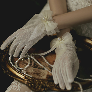 复古手套网纱短款蕾丝结婚礼服婚纱新娘蝴蝶结珍珠手套超仙lolita