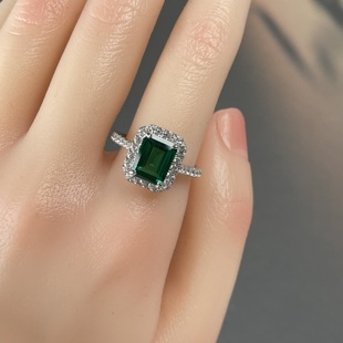 培育高碳钻S925纯银戒指3克拉祖母绿切轻奢满钻镶嵌宝石个性指环