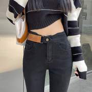 韩版牛仔裤女士铅笔裤高腰，修身黑色长裤，设计感个性腰头小脚裤