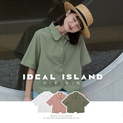理想岛日系纯色短袖衬衫女设计感夏季宽松小众，衬衣别致文艺开衫