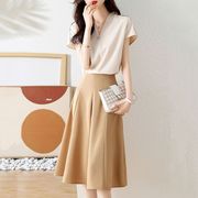 时尚韩版修身显瘦V领短袖雪纺衫上衣半身裙子两件套装夏季女