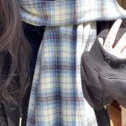 高级风百搭格纹围巾，学生韩式女蓝格保暖英伦冬季感围脖2023