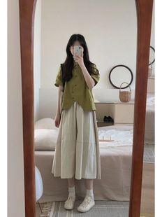 薄荷曼波绿色衬衫套装女夏季小个子日系复古高腰半身裙两件套