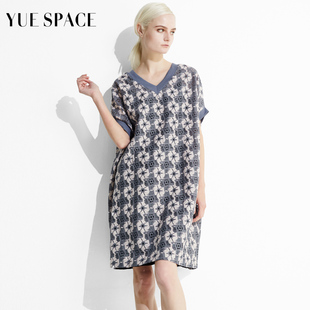 YUESPACE女士夏季镂空蕾丝衫t恤宽松短袖V领休闲中长款时尚打底衫