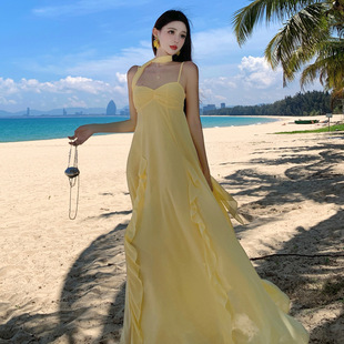 法式超仙海边度假希腊女神性感吊带雪纺连衣裙夏荷叶边飘带长裙