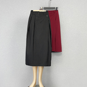 黑色条纹半身裙过膝裙小个子春秋冬设计感简约暗红色，a字高腰长裙