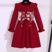 女童连衣裙秋冬娃娃领秋冬装洋气，新年服裙女孩，网红复古公主裙